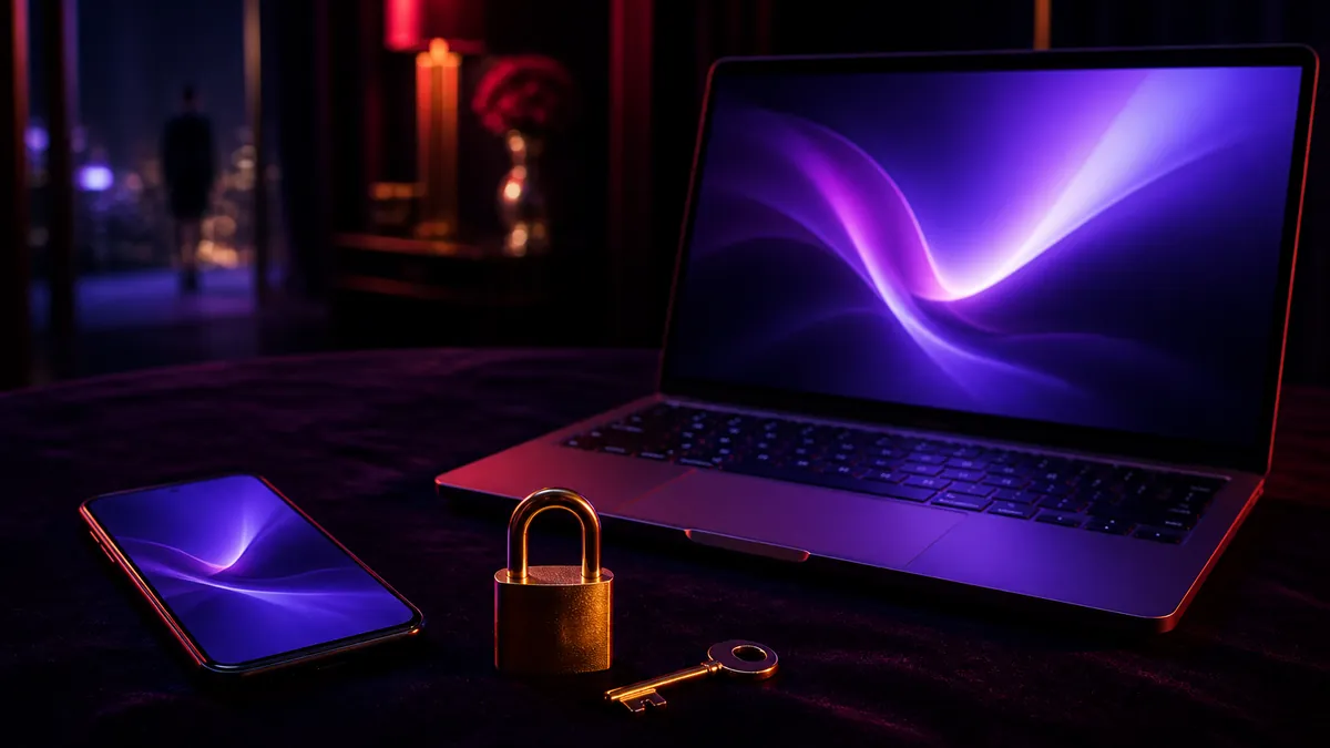 Smartphone et ordinateur portable allumés avec une clé dorée et un cadenas sur un bureau sombre