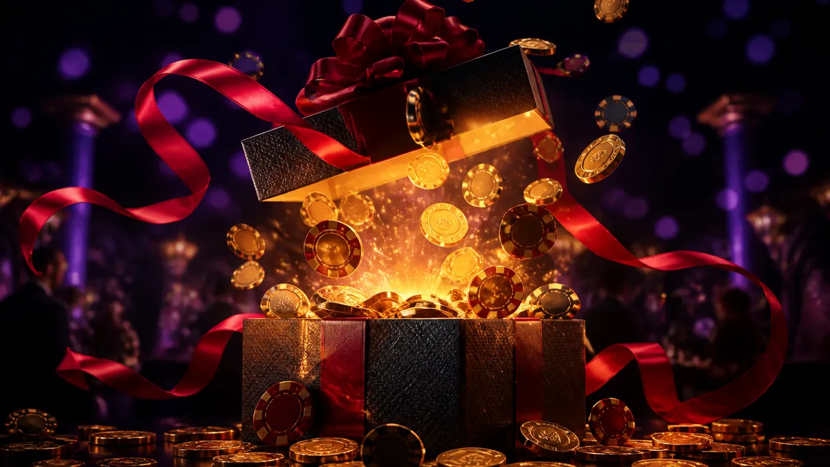 Coffret cadeau ouvert d'où jaillissent des pièces dorées et des jetons de casino