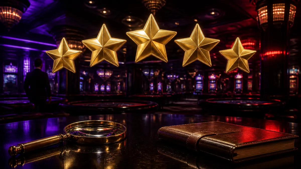 Cinq étoiles dorées au-dessus d'une table de casino avec une loupe et un carnet