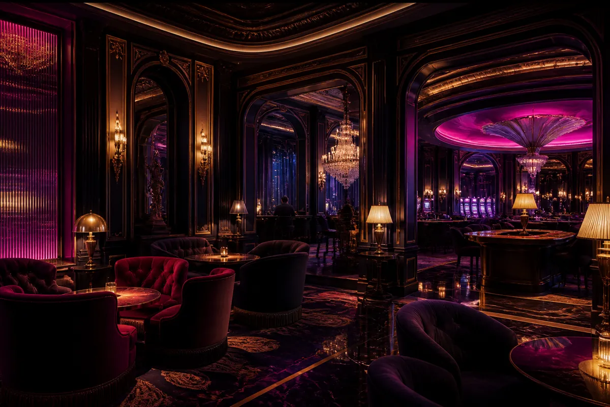 Salon de casino art déco désert la nuit avec fauteuils de velours et lampes dorées