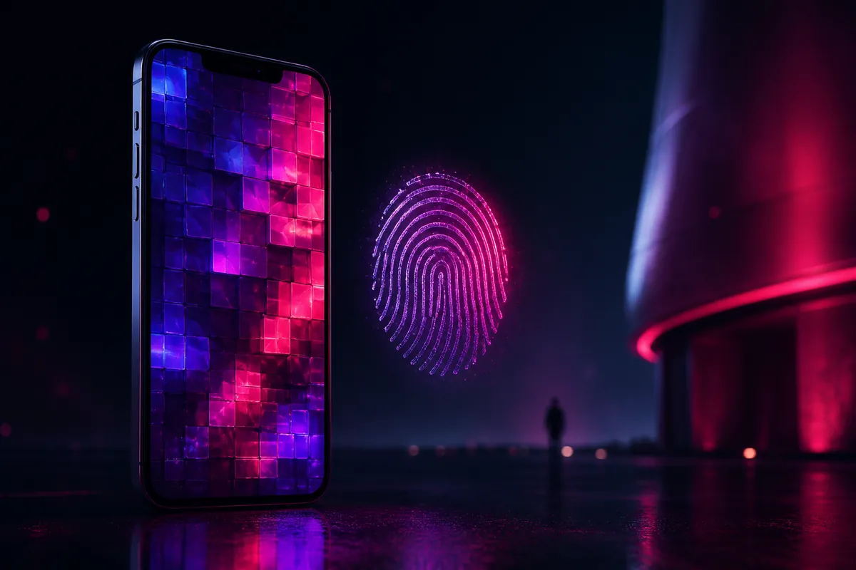 Smartphone debout sur une surface sombre avec une empreinte digitale lumineuse