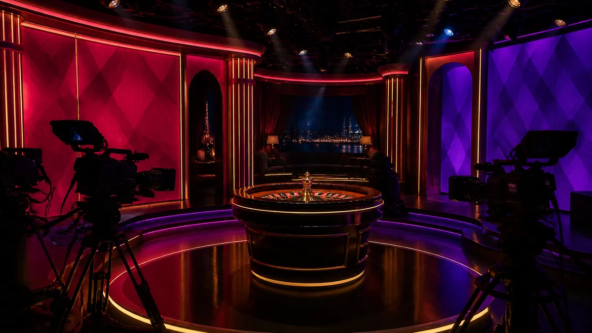 Studio de casino en direct vide avec une table de roulette sous les projecteurs et des caméras