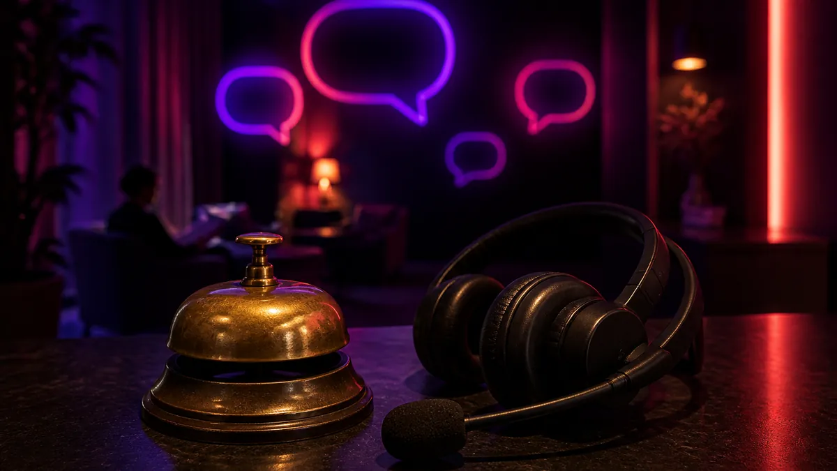 Sonnette de réception en laiton et casque audio sur un bureau, bulles de discussion lumineuses